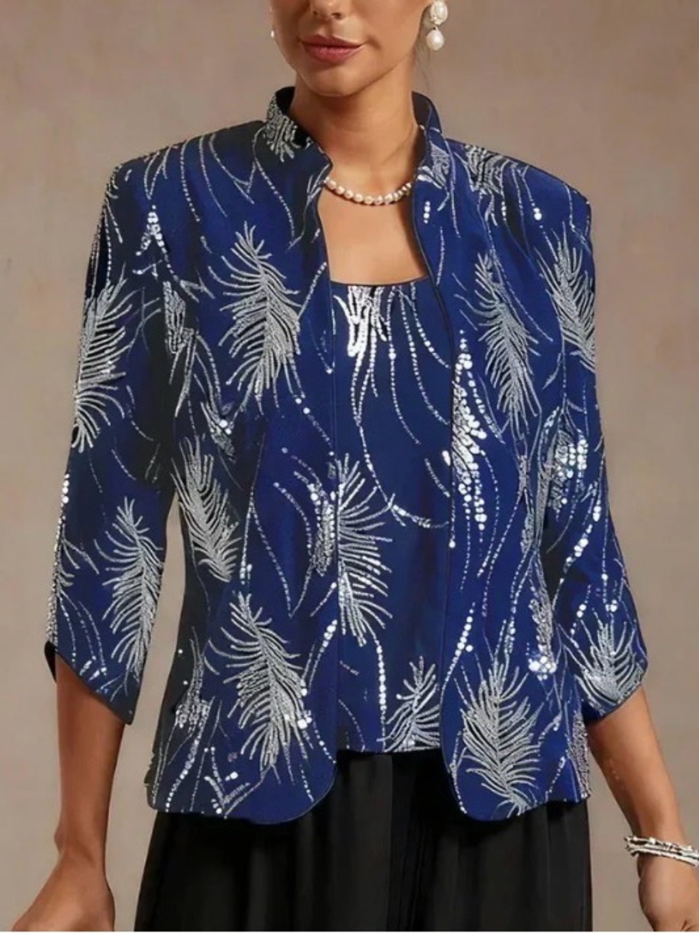 Elegant Mandarin Collar Sequin Twinset Royal Blue